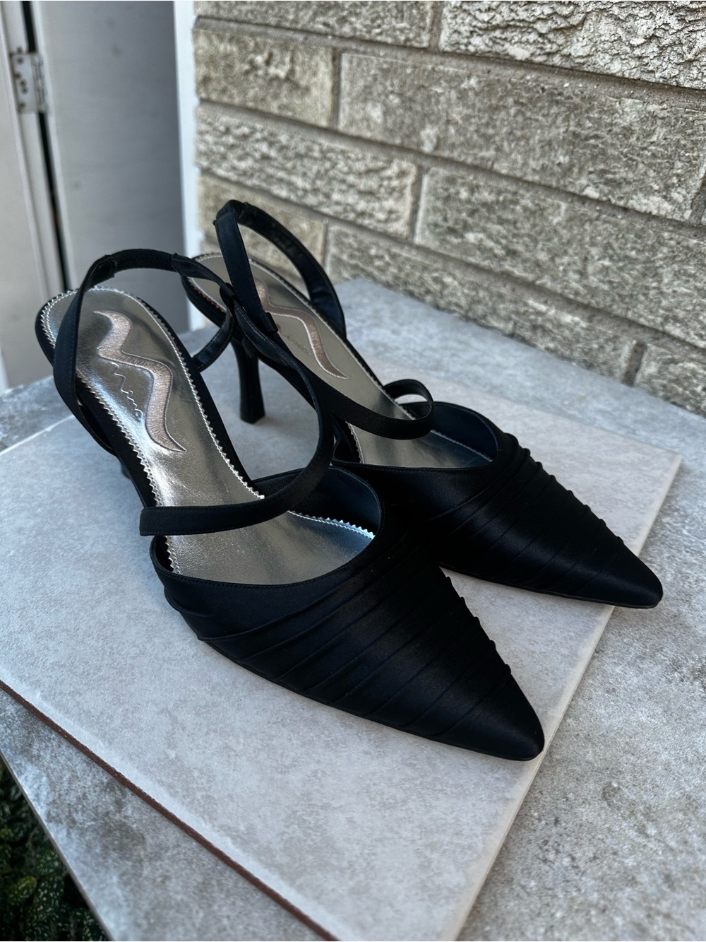 Nina Black Satin Slingback Stiletto 8.5